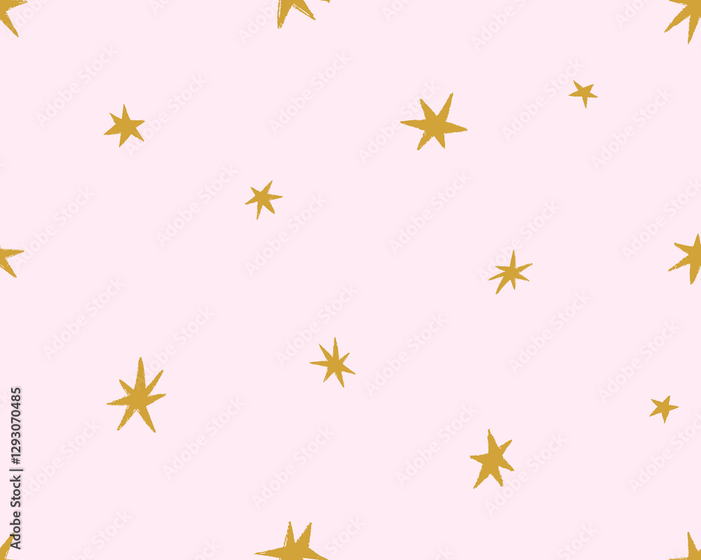 Poster Seamless pattern with cute tiny stars. Endless repeating starry background, texture design. Repeatable print with small sparkles, twinkles for fabric, textile, wrapping. Flat vector illustration