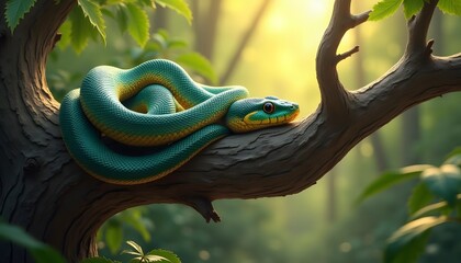 Naklejka premium Green and yellow snake curled on a tree branch in a lush green forest