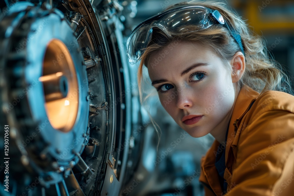 Aufkleber female mechanical engineer working on a turbine engine in a factory