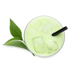 Fresh mung bean juice in glass and green leaves isolated on white, top view