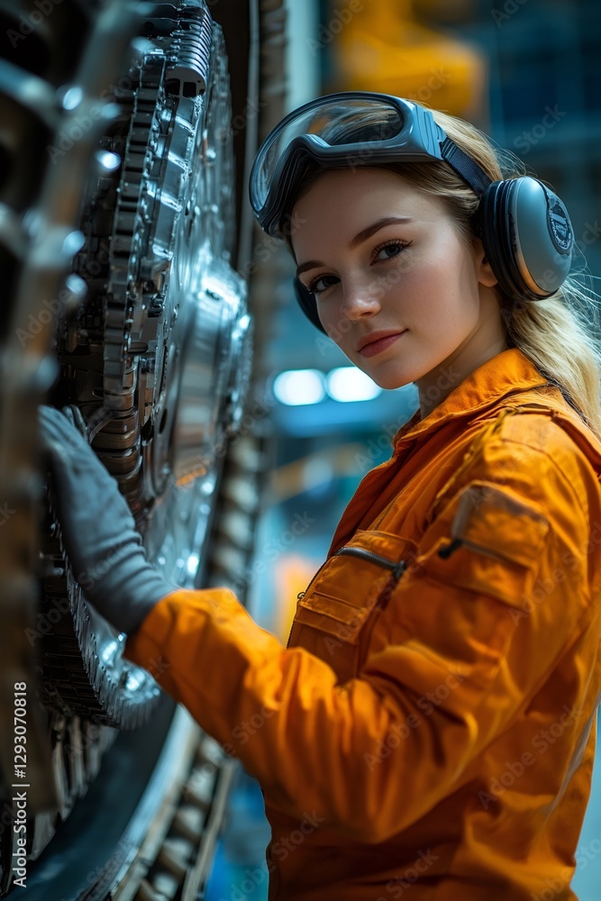 Aufkleber female engineer working on a large jet engine in a factory