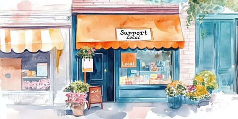 Support Local Shopfront: A charming illustration depicts a cozy shopfront with a 'Support Local' sign, surrounded by flower pots and welcoming details.