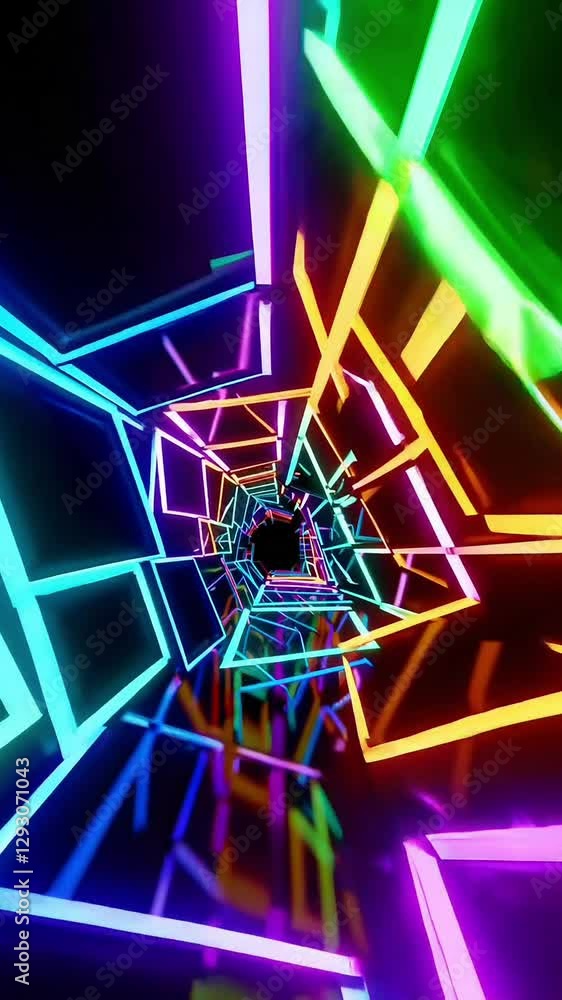 Poster neon tunnel vortex with dynamic multicolor geometric patterns in rapid motion