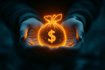 Fototapeta premium A businessman hands over a glowing outline of a money bag to another person, on a dark background. Conceptual banner about the concept of taking or giving money, or earning from a