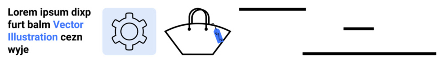 Gear icon, stylish bag, and placeholder text with clean lines create a functional layout. Ideal for branding, e-commerce, design tools, user interface, modern web, startup visuals flat landing page