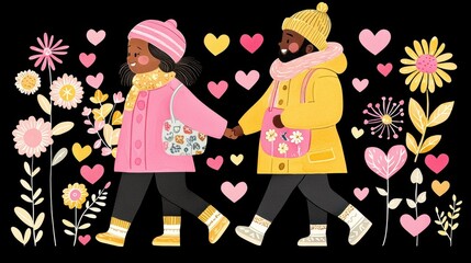 A couple holding hands in winter clothing.