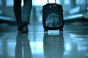Person walking through dimly lit airport terminal with suitcase, dramatic monochrome tones create mystery, solitude, anticipation, and journey, reflecting themes of travel, change, and transition.