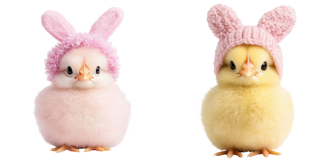 Two cute chicks wearing bunny hats, one pink and one yellow, against a black background.