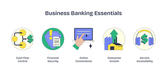 Business banking essentials depicted with icons for cash flow, security, and growth in Neubrutalism style, transparent background.