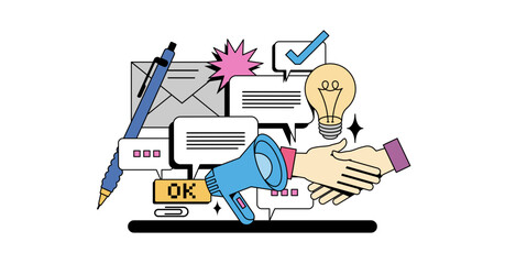 Communication through symbols, handshake, speech bubbles, and light bulb, transparent background. Neubrutalism hands concept.