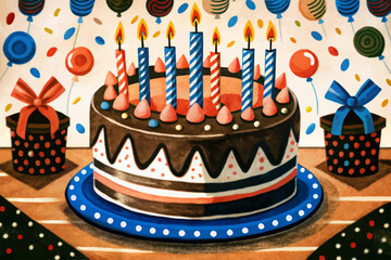 birthday cake with candles on funny background cartoon illustration