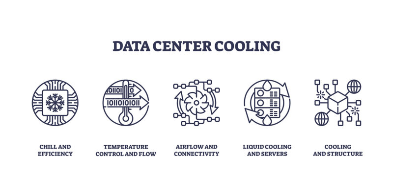Data center cooling icons include snowflake, thermometer, and airflow fan, transparent background. Outline icons set.