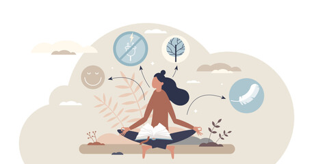 Digital detox emphasizes inner peace with meditation, nature, and mindfulness symbols, transparent background.