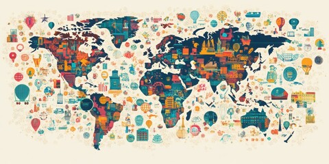 Global Icons: A vibrant world map bursts with colorful icons representing diverse cultures, landmarks, and concepts, a rich tapestry of global interconnectedness and cultural exchange.