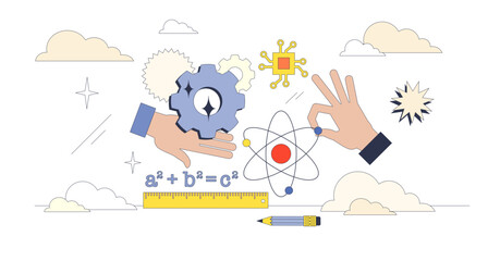 STEM education visual with hands holding gear and atom, symbolizing innovation and learning, transparent background. Neubrutalism hands concept