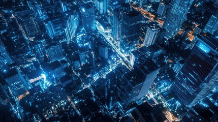 Aerial view of a vibrant, illuminated city at night, showcasing dense skyscrapers, streets, and transportation networks.
