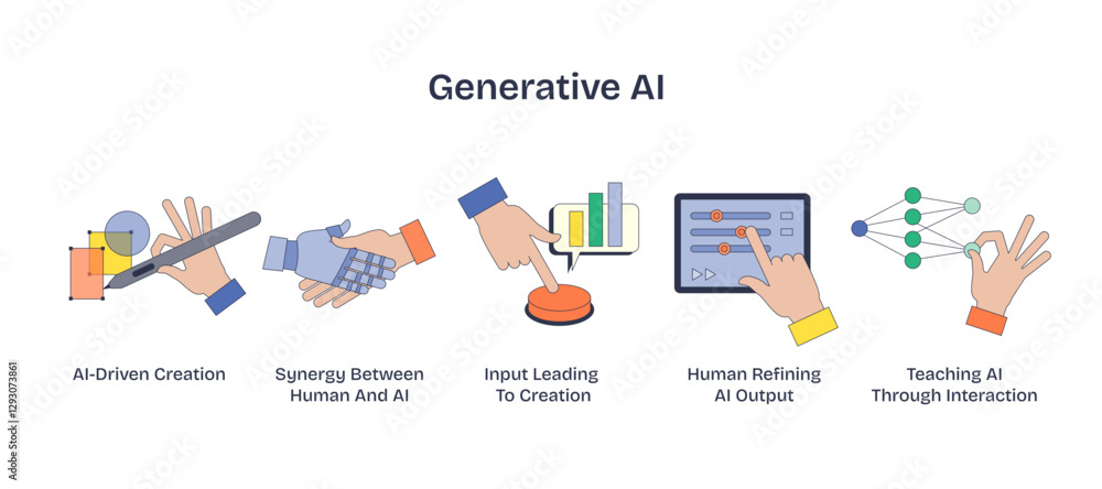 Poster generative ai illustrated with hands interacting with tech, showing creation and synergy, transparen