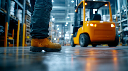 Obraz premium A worker's boot stands on a warehouse floor as a yellow forklift moves in the background, showcasing an industrial environment.