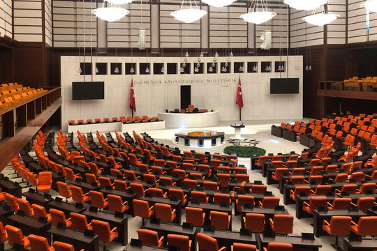 Ankara, Turkey- September 18, 2023: Inside view of The Grand National Assembly of Turkey (Turkish: T&uuml;rkiye B&uuml;y&uuml;k Millet Meclisi)