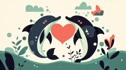 Fototapeta premium A heart-shaped object is held by two dolphins in a stylized underwater scene.