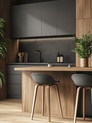 Modern kitchen design featuring bar stools and built in cabinetry