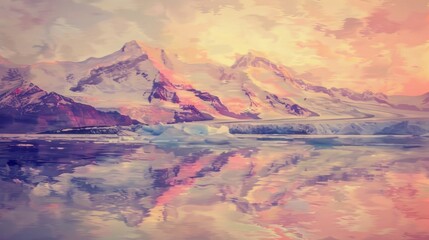 Fototapeta premium Vintage oil painting style, neutral colours, light highlights, soft tones depicting a beautiful arctic glacier sunset scene. 
