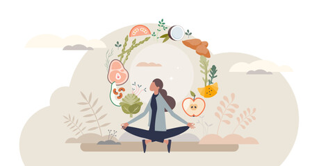 Mindful eating involves balance and awareness, symbolized by meditation and healthy foods like fruits and vegetables, transparent background.