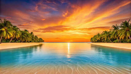Tropical beach sunset crystal clear Breathtaking sunset over tranquil beach with palm trees and clear water