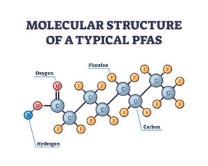 PFAS molecular structure shows carbon-fluorine bonds, illustrating chemical stability, transparent background.