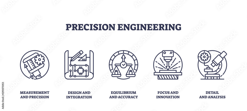 Poster precision engineering focuses on accuracy with icons of calipers, gears, and microscopes, transparen