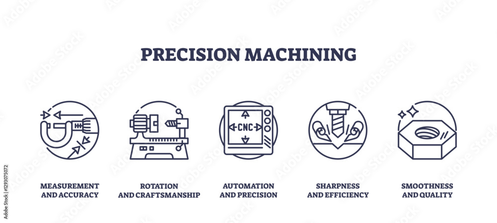 Poster precision machining involves accuracy, automation, and quality, transparent background. key objects,
