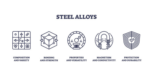 Steel alloys icons outline showing composition, bonding, properties, magnetism, and protection, transparent background. Outline icons set.