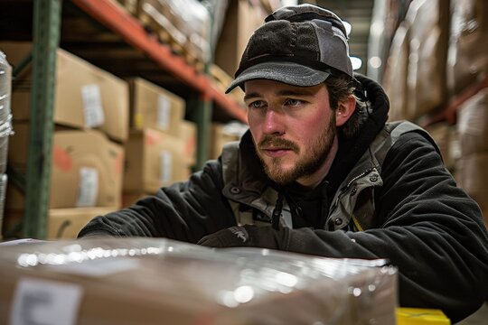 Focused logistics worker wearing a cap and protective jacket inspecting packages inside a dimly lit warehouse, shipment quality control, supply chain efficiency, and professional management. - Powered by Adobe