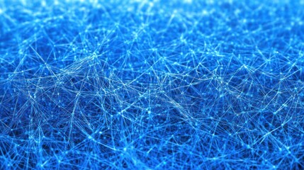Obraz premium Abstract illustration of a complex network of interconnected nodes and lines, appearing as a neural or technological system, with a deep blue background.