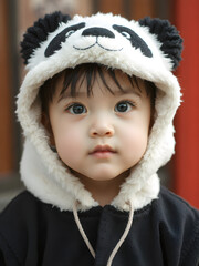 Adorable Little Japanese Boy in a Panda Hood Outfit – A Heartwarming Portrait with a Soft, Blurred Background.