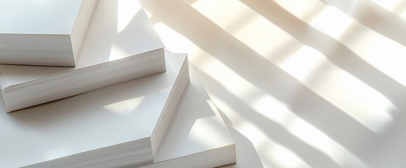 Obraz premium Stacked white papers with sunlight shadows.