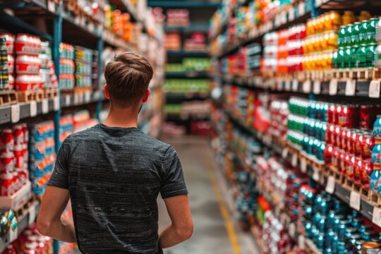 Young male shopper browsing fully stocked beverage aisle in supermarket. Shelves filled with colorful soda cans and drinks, creating vibrant consumer shopping experience...