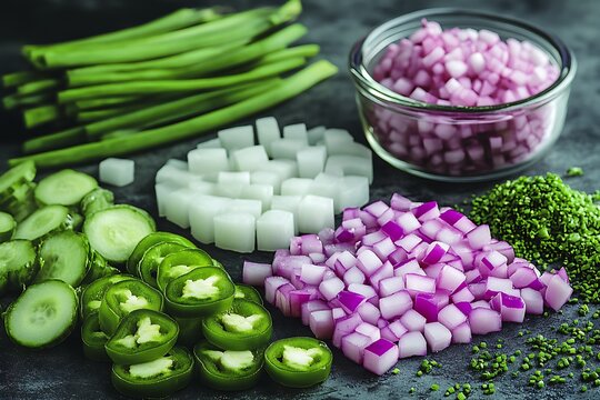 Chopped veggies, kitchen prep, dark surface