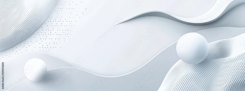 Poster an abstract composition featuring soft white waves and spheres, creating a serene and modern aesthet