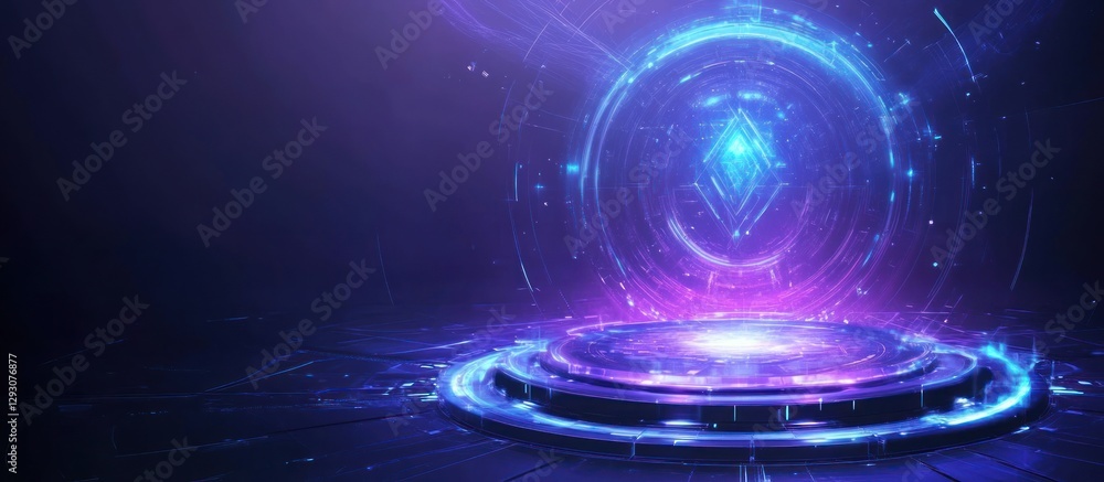 Poster abstract digital platform with glowing diamond shape and circular portal