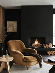 A modern interior features a chair and a fireplace