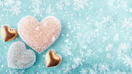 Obraz premium A heart-shaped object covered in white snow sits on a light blue background with scattered white snowflakes.