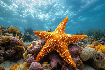 Starfish rests among vibrant coral on the ocean floor seabed beauty