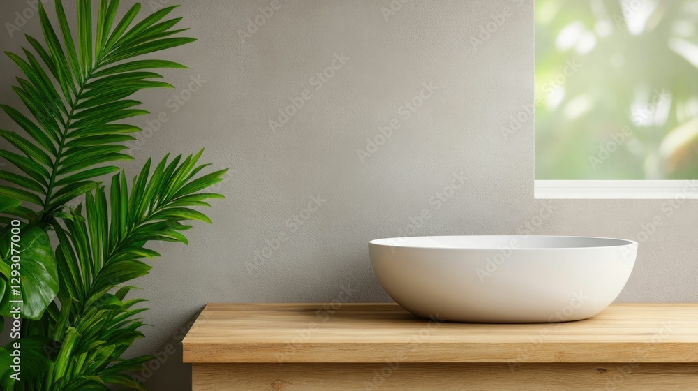 Poster serene wooden countertop in a minimalist bathroom with a soft blur of lush green plants visible thro