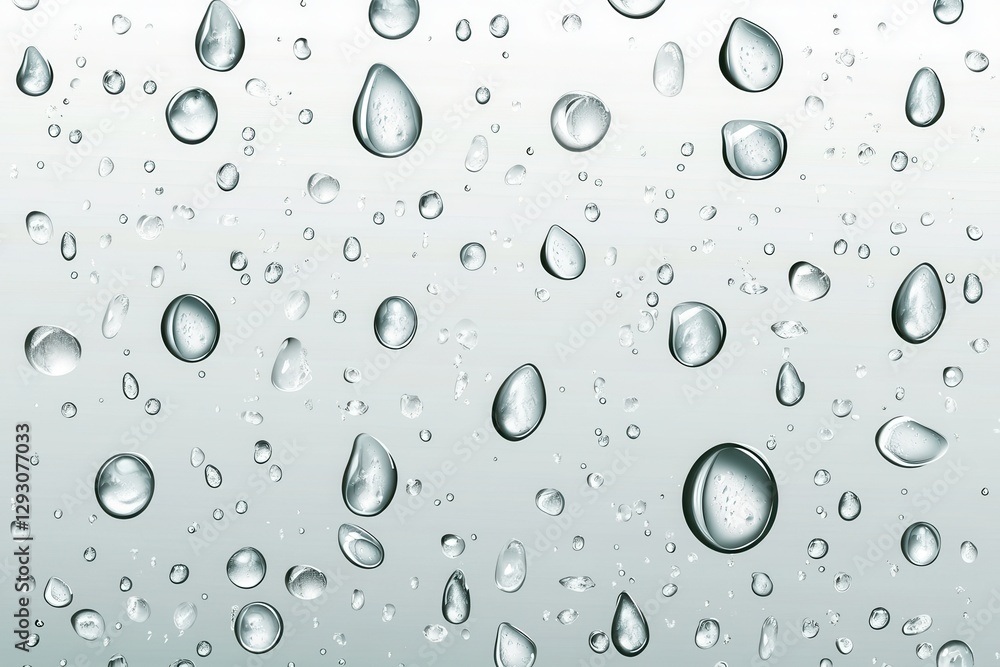 Poster a close-up of water droplets on a smooth surface, creating a soothing, serene effect with a soft gra