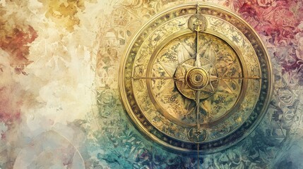 Naklejka premium Navigational Compass: An antique compass, intricately detailed and set against a backdrop of textured, aged parchment, evokes the spirit of exploration.