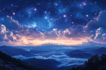 Naklejka premium Celestial Canopy Over Serene Mountains, A Night Dream's Vista