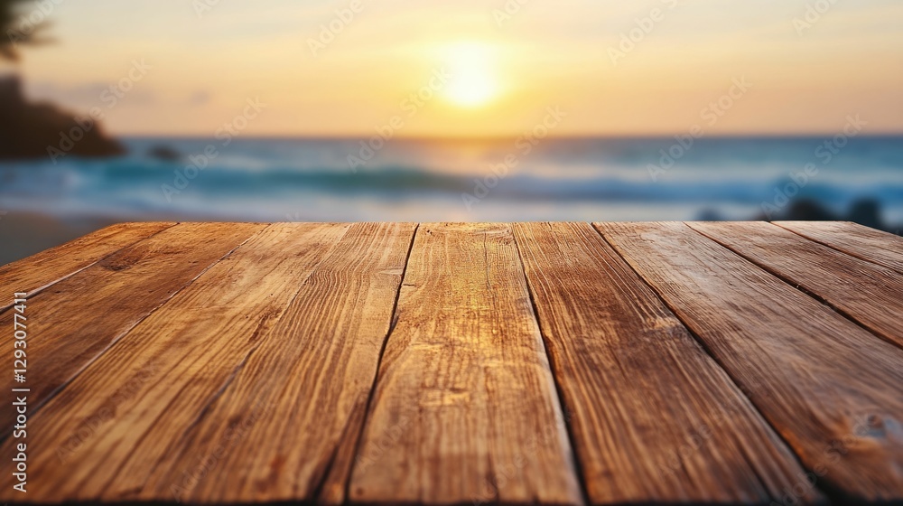 Poster rustic wood countertop in a cozy beachside caf with soft warm sunlight and blurred ocean waves creat