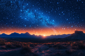 Naklejka premium Cosmic radiance over a desert landscape paints a mystical horizon