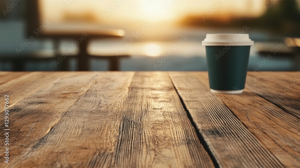 Poster rustic wooden countertop in a beachside caf with soft sunlight filtering through and blurred waves c